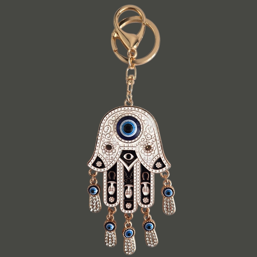 Large Double-sided Gold Hamsa Hand Bag Charm / Keychain with Blue Eye Charms